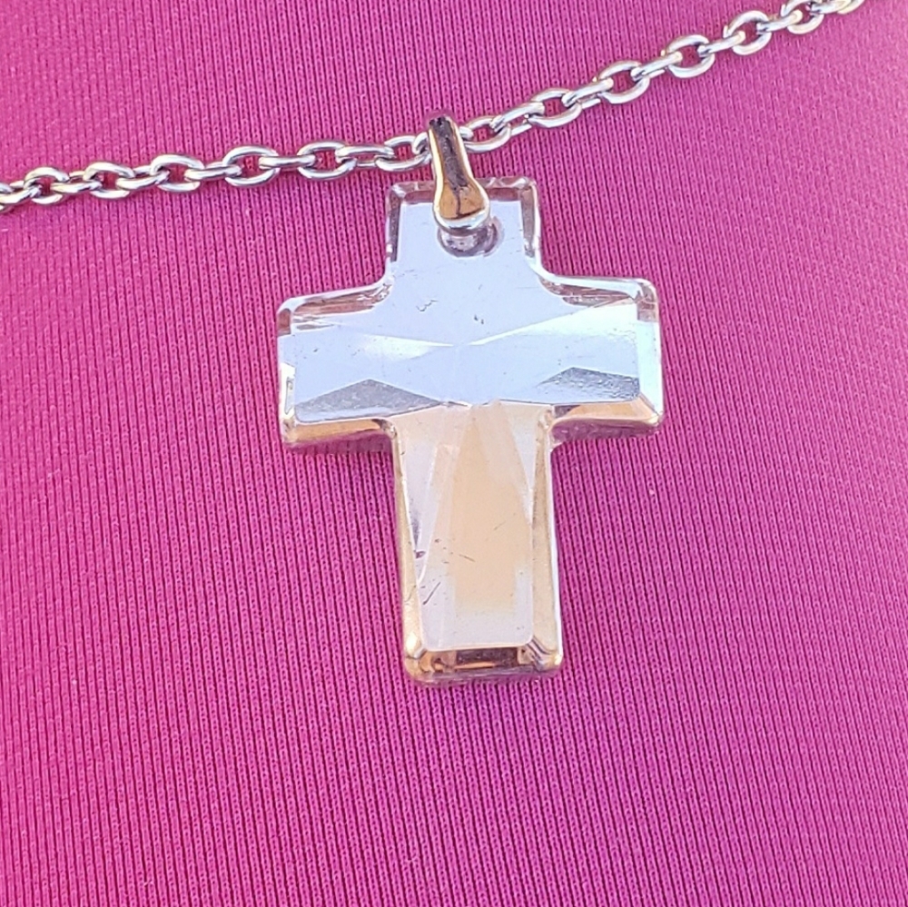 Large Crystal Cross Pendant in Stainless 24"